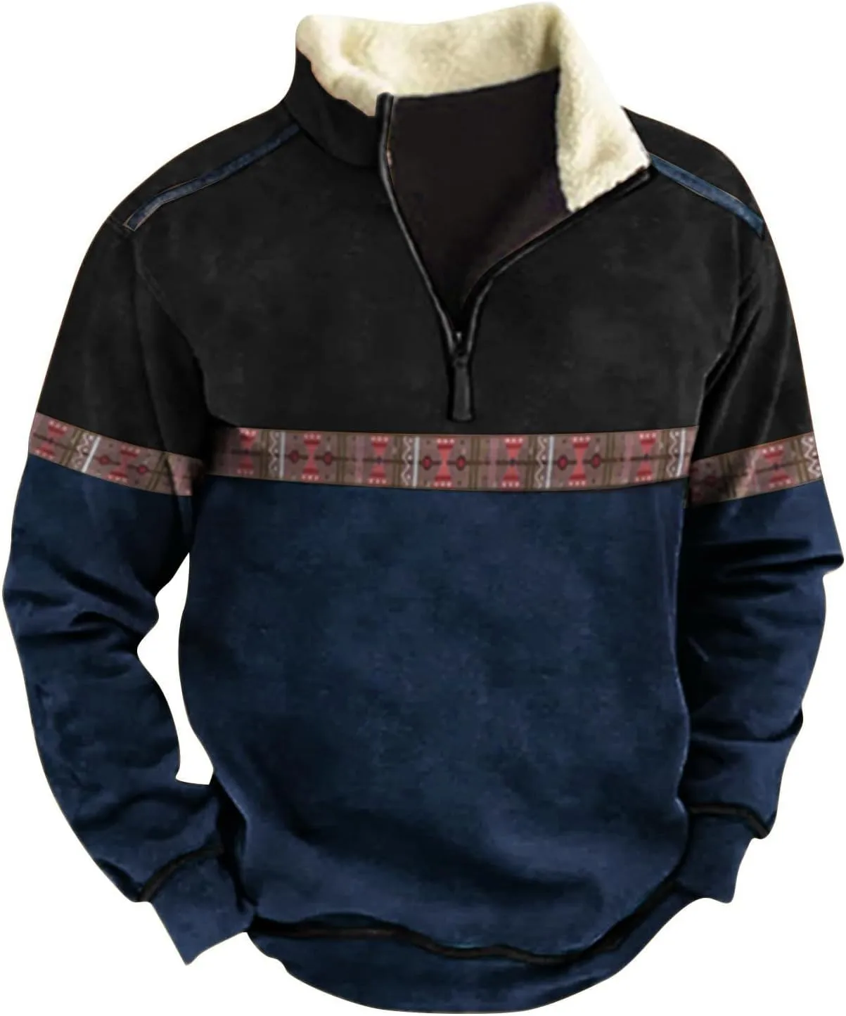 Mens Fleece Sweatshirts Quarter Zip Aztec Cowboy Western Jacket Sweatshirt Casual Stand Collar Polo Sweater Pullover