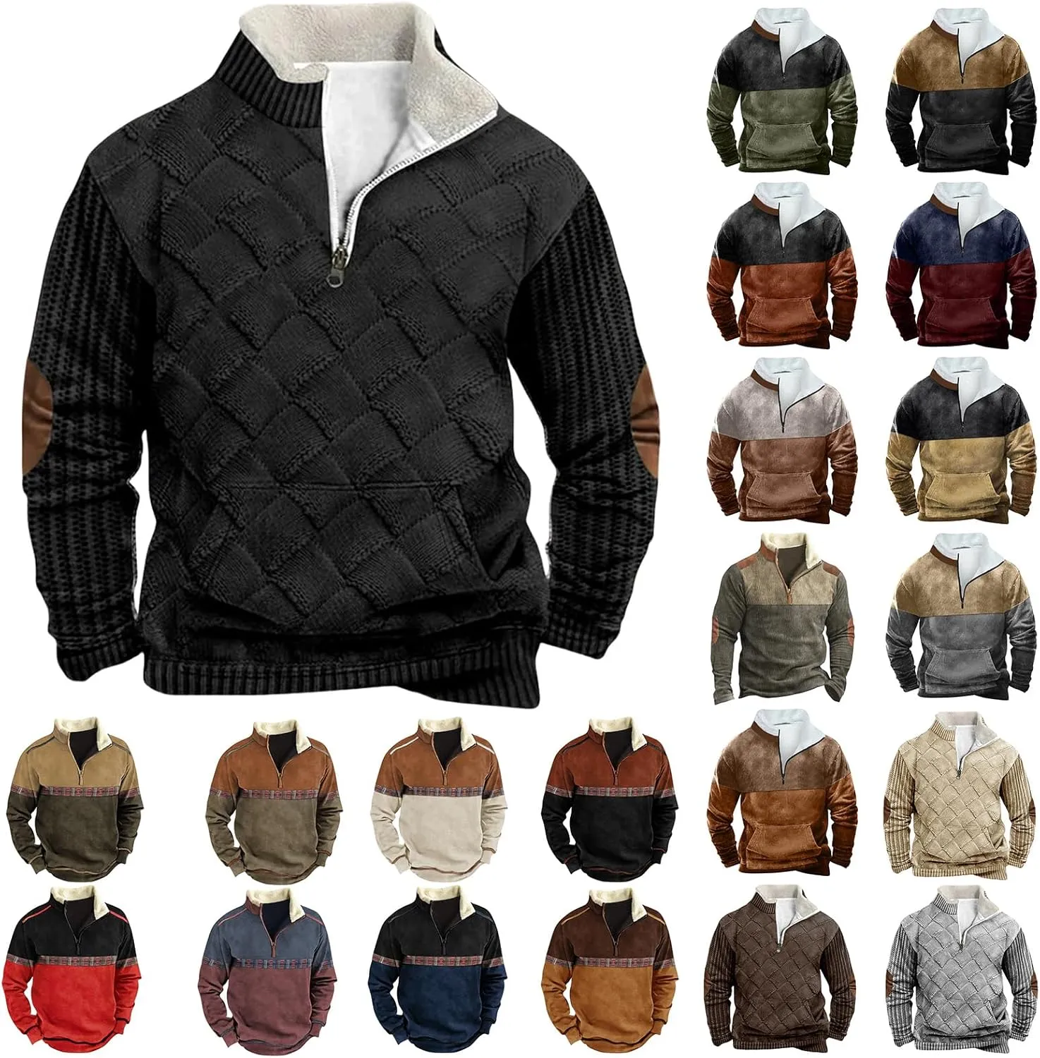 Mens Fleece Sweatshirts Quarter Zip Aztec Cowboy Western Jacket Sweatshirt Casual Stand Collar Polo Sweater Pullover