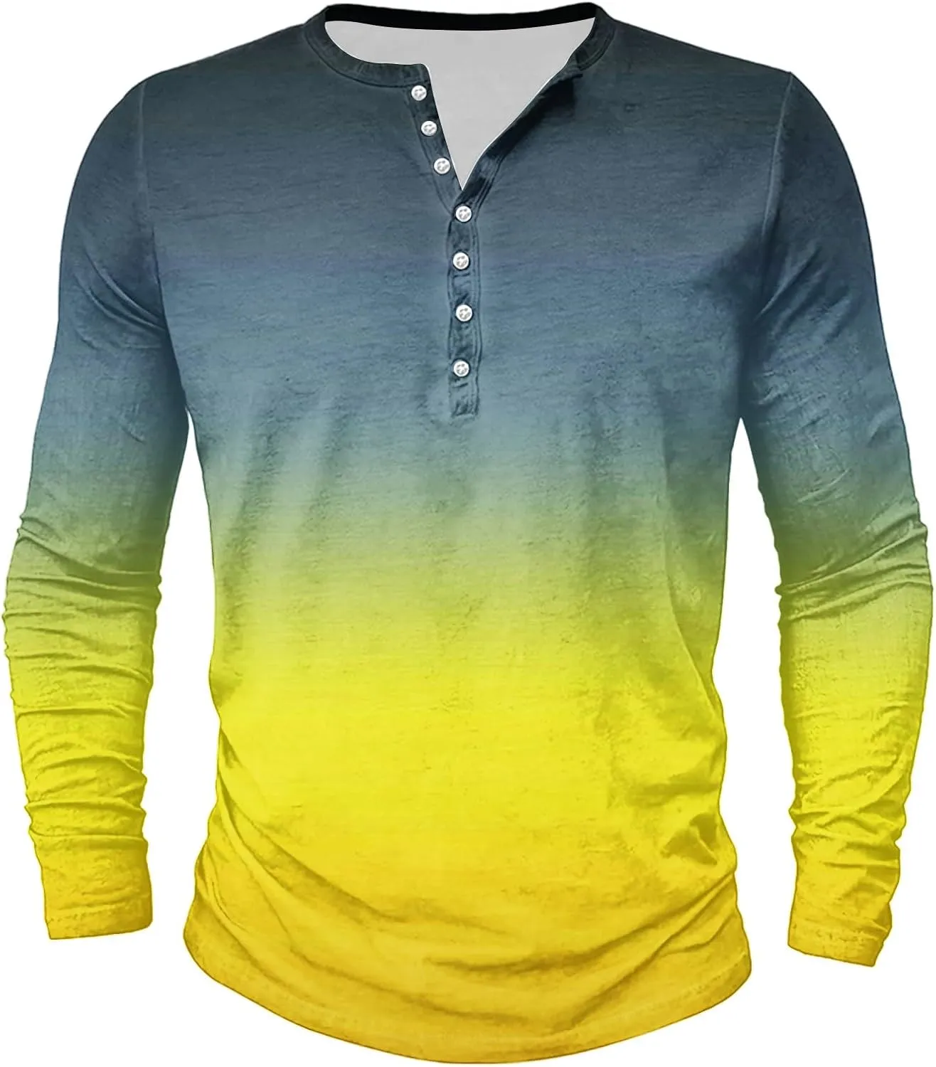 Mens Gradient Henley Shirts Vintage Long Sleeve Tees Casual Button Down V Neck T Shirt for Men Slim Fit Muscle Tops