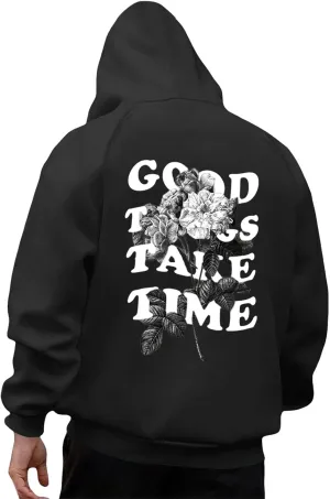 Mens Graphic Hoodies Good Things Take Time Letter Print Pullover Fleece Lined Long Sleeve Casual Tops Sweatshirts with Pocket