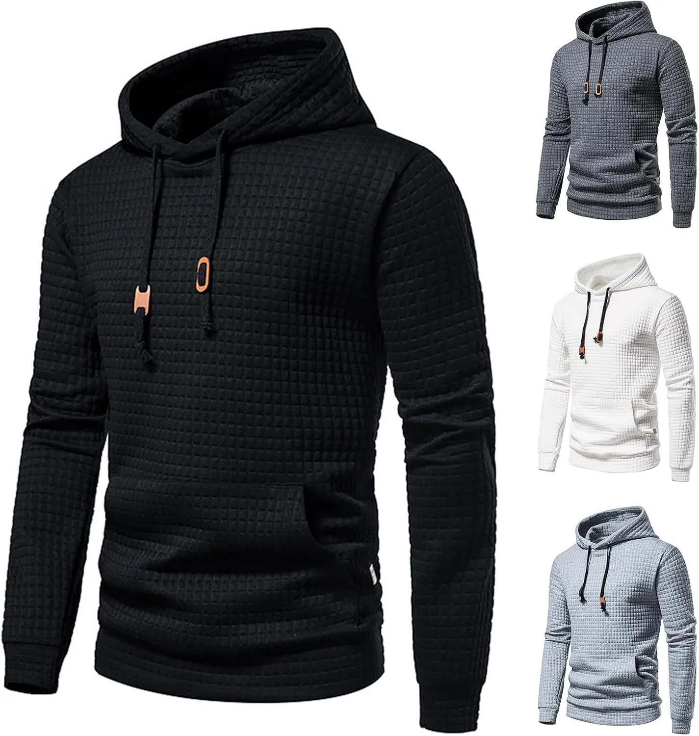 Men's Hooded Sweatshirts Casual Long Sleeve Drawstring Plaid Jacquard Athletic Waffle Pullover Hoodies with Pocket