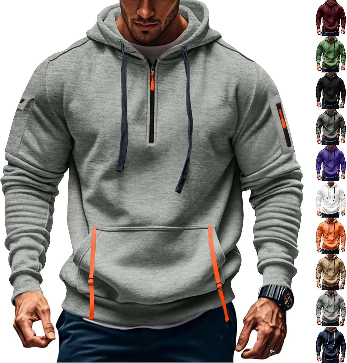 Mens Hoodies Pullover Tactical Fleece Lined Quarter Zip Hooded Sweatshirt Drawstring Plus Size Hoodie with Pockets