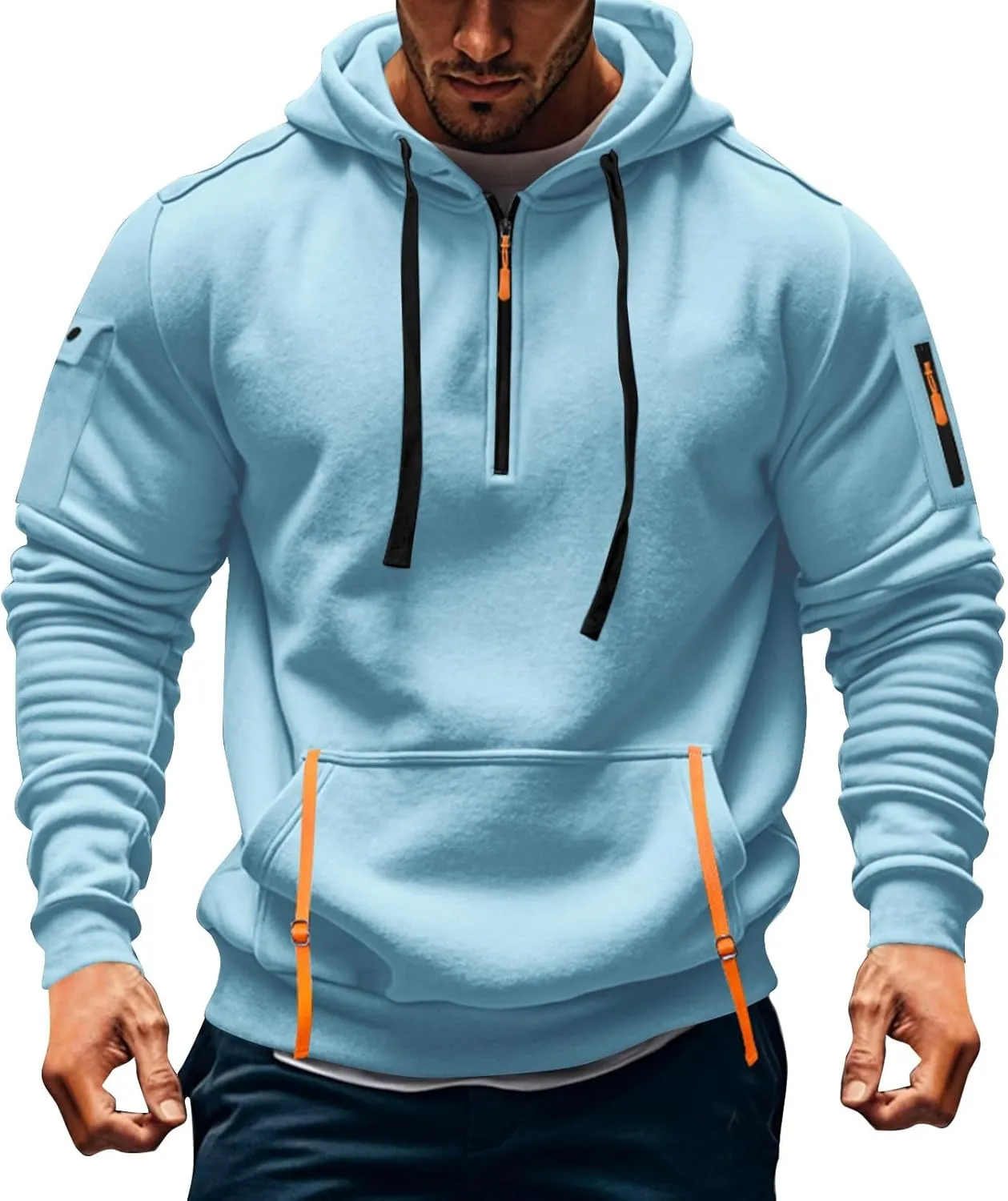 Mens Hoodies Pullover Tactical Fleece Lined Quarter Zip Hooded Sweatshirt Drawstring Plus Size Hoodie with Pockets