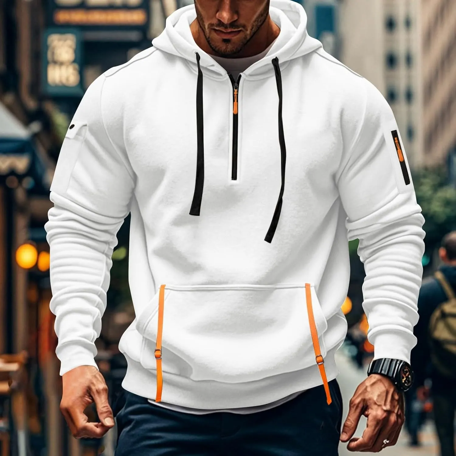 Mens Hoodies Pullover Tactical Fleece Lined Quarter Zip Hooded Sweatshirt Drawstring Plus Size Hoodie with Pockets