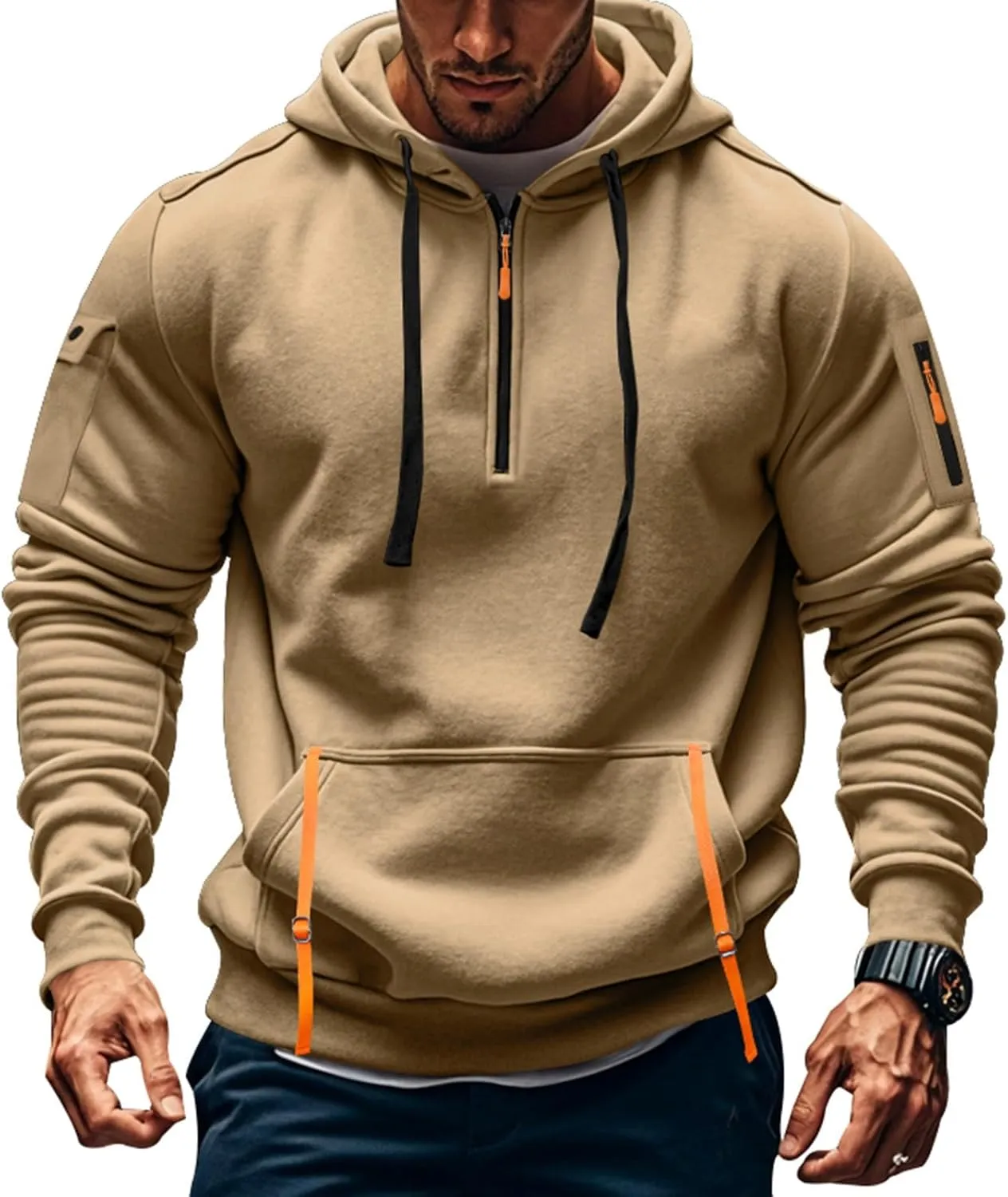 Mens Hoodies Pullover Tactical Fleece Lined Quarter Zip Hooded Sweatshirt Drawstring Plus Size Hoodie with Pockets