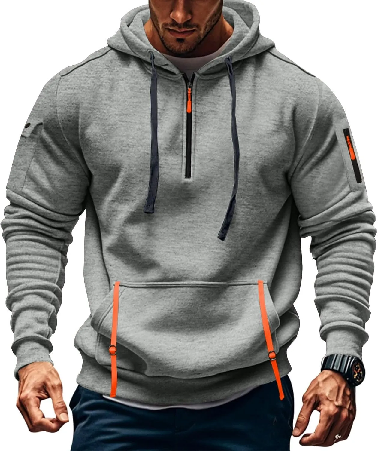 Mens Hoodies Pullover Tactical Fleece Lined Quarter Zip Hooded Sweatshirt Drawstring Plus Size Hoodie with Pockets