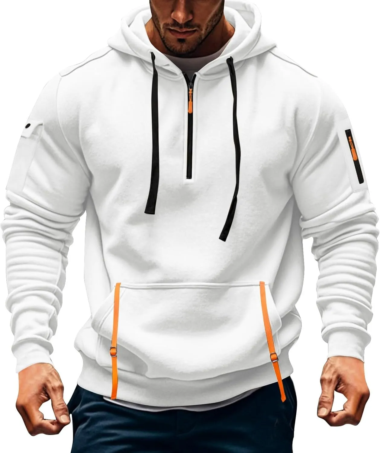 Mens Hoodies Pullover Tactical Fleece Lined Quarter Zip Hooded Sweatshirt Drawstring Plus Size Hoodie with Pockets