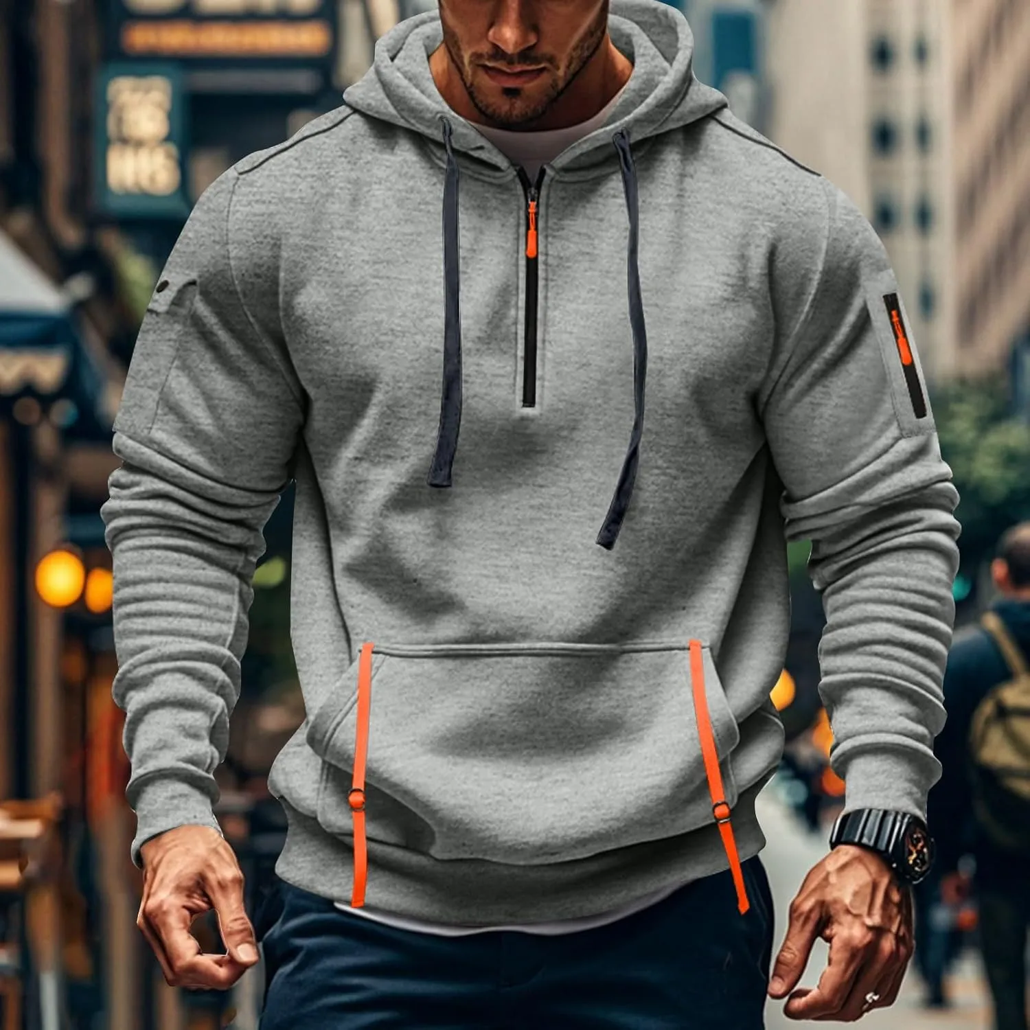 Mens Hoodies Pullover Tactical Fleece Lined Quarter Zip Hooded Sweatshirt Drawstring Plus Size Hoodie with Pockets