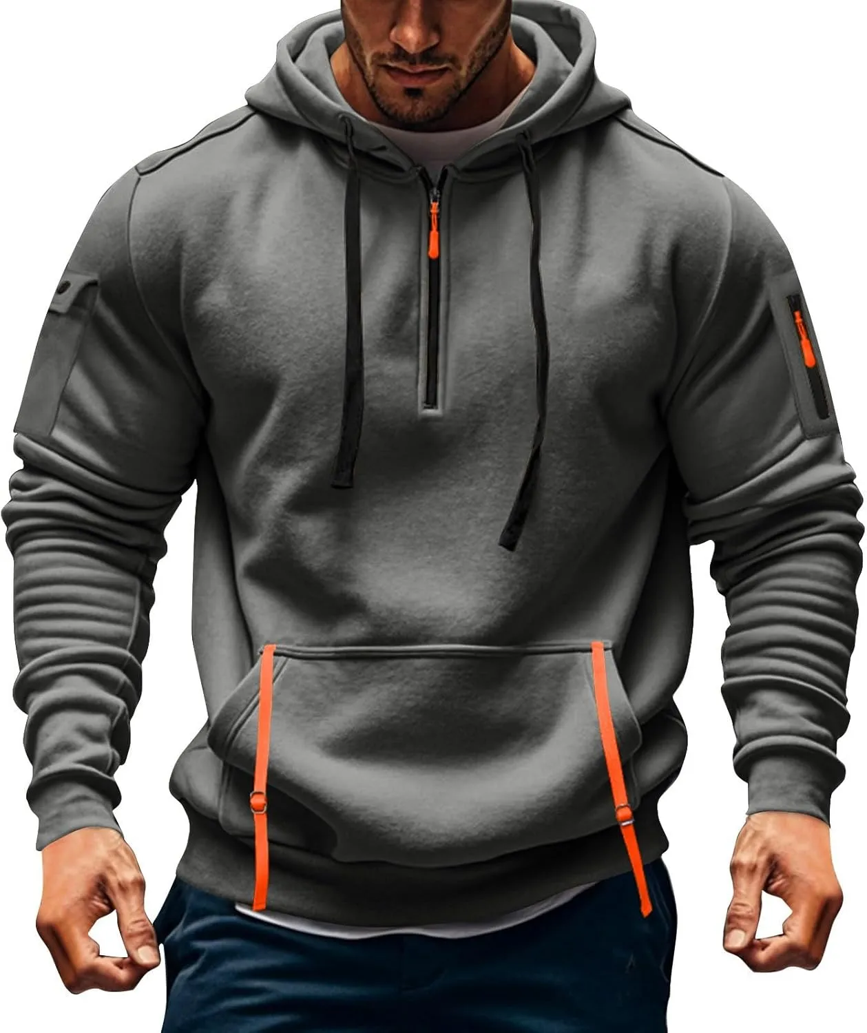 Mens Hoodies Pullover Tactical Fleece Lined Quarter Zip Hooded Sweatshirt Drawstring Plus Size Hoodie with Pockets