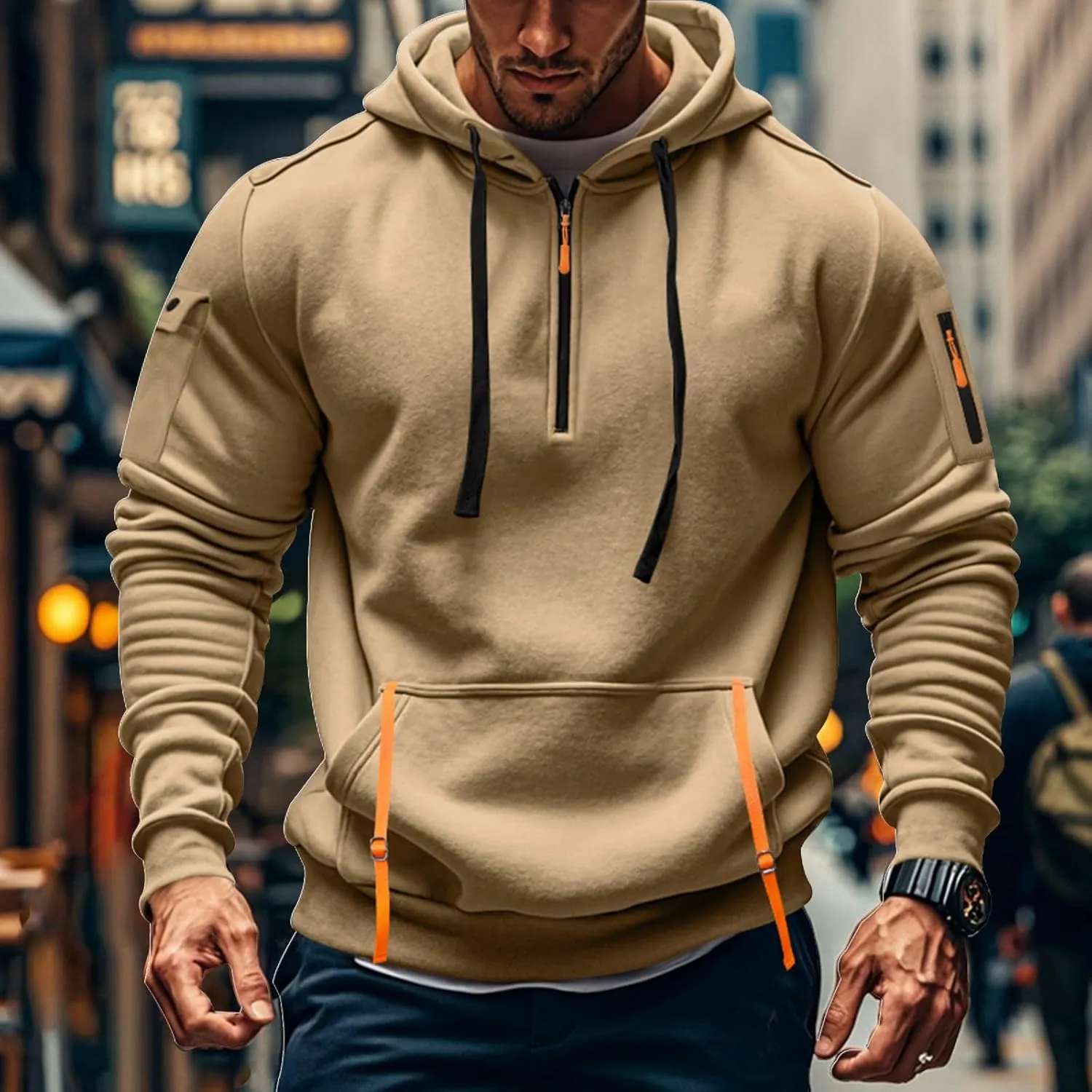 Mens Hoodies Pullover Tactical Fleece Lined Quarter Zip Hooded Sweatshirt Drawstring Plus Size Hoodie with Pockets