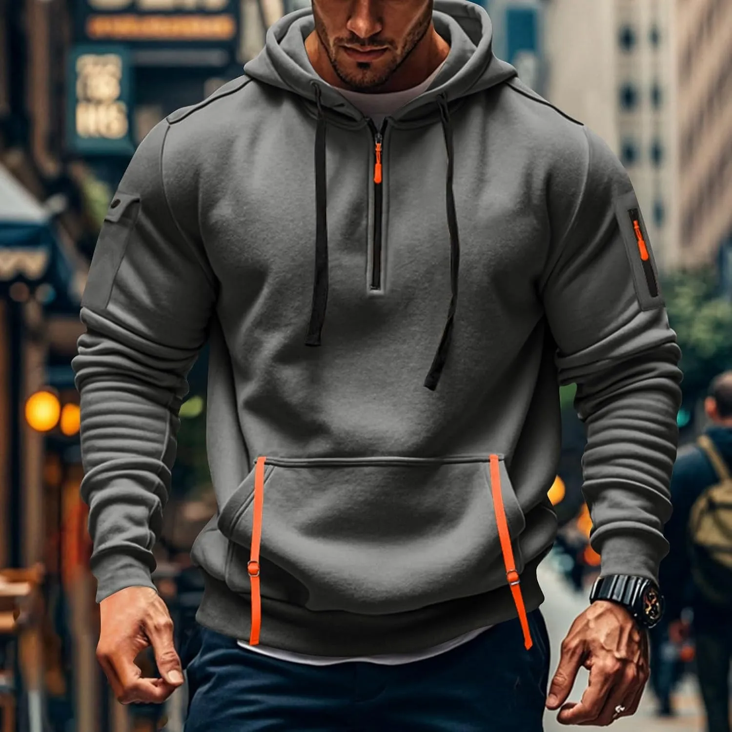 Mens Hoodies Pullover Tactical Fleece Lined Quarter Zip Hooded Sweatshirt Drawstring Plus Size Hoodie with Pockets