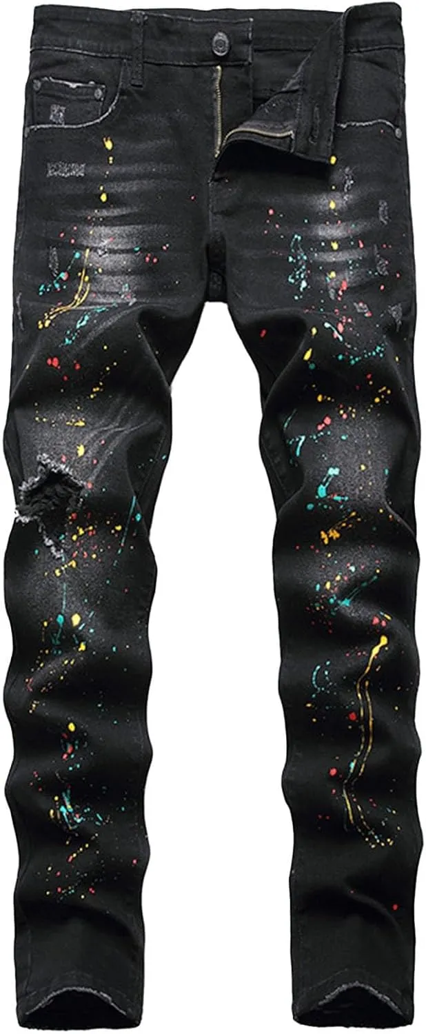 Mens Jeans Bootcut Straight Driven Jeans Ripped Distressed Holes Funny Wide Leg Pants Printed Patchwork Baggy Jeans