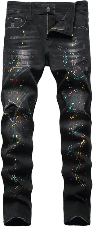 Mens Jeans Bootcut Straight Driven Jeans Ripped Distressed Holes Funny Wide Leg Pants Printed Patchwork Baggy Jeans
