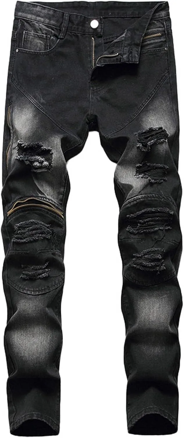 Mens Jeans Bootcut Straight Driven Jeans Ripped Distressed Holes Y2k Baggy Jeans for Men Stacked Ripped Destroyed Jeans
