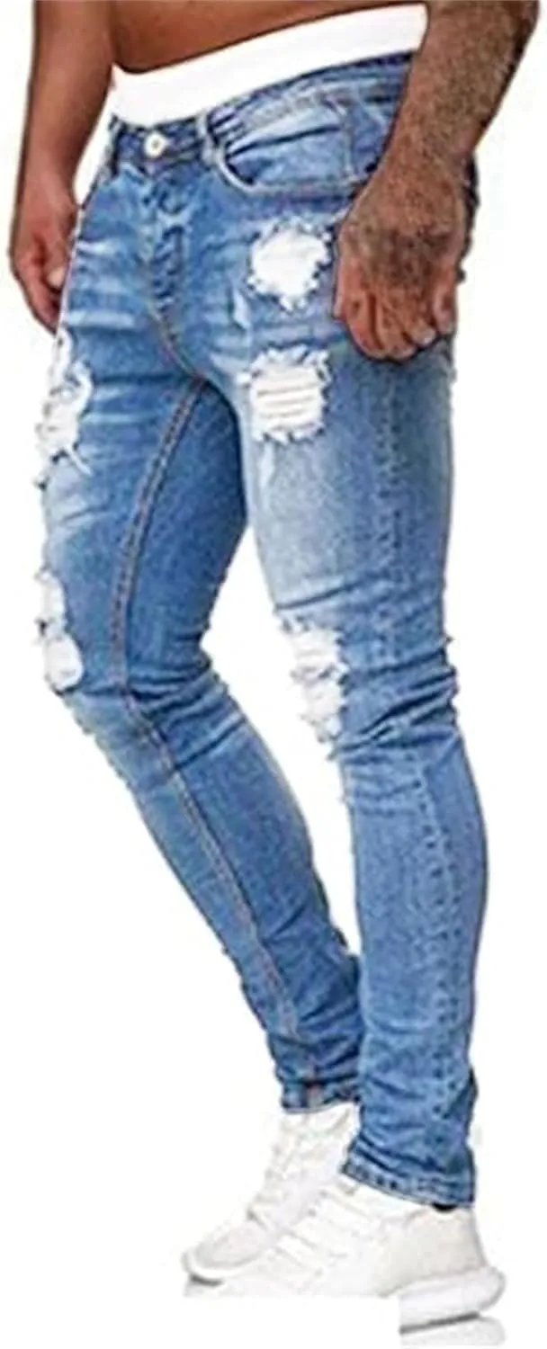 Men's Jeans Slim Fit, Jeans Stretch Destroyed Ripped Skinny Jeans, Blue Jeans Men Relaxed Fit