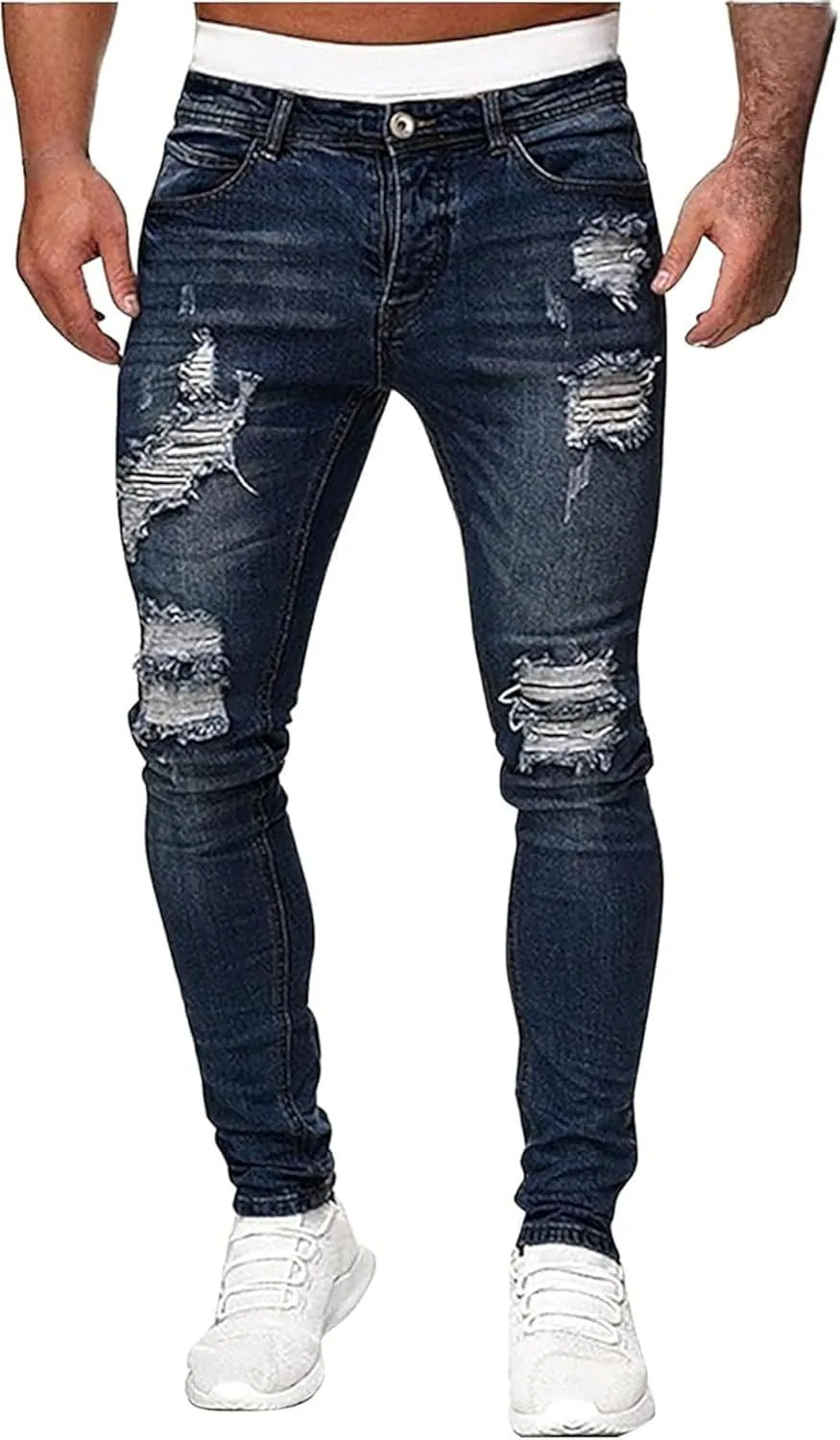Men's Jeans Slim Fit, Jeans Stretch Destroyed Ripped Skinny Jeans, Blue Jeans Men Relaxed Fit