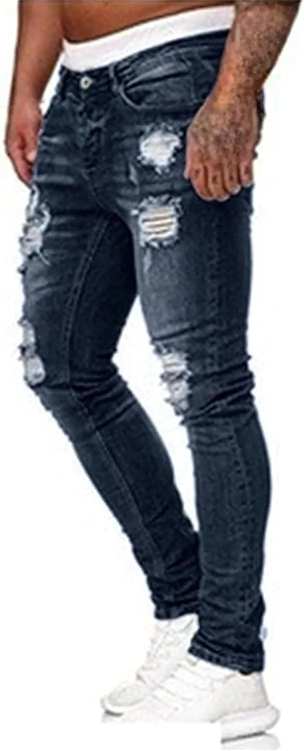 Men's Jeans Slim Fit, Jeans Stretch Destroyed Ripped Skinny Jeans, Blue Jeans Men Relaxed Fit