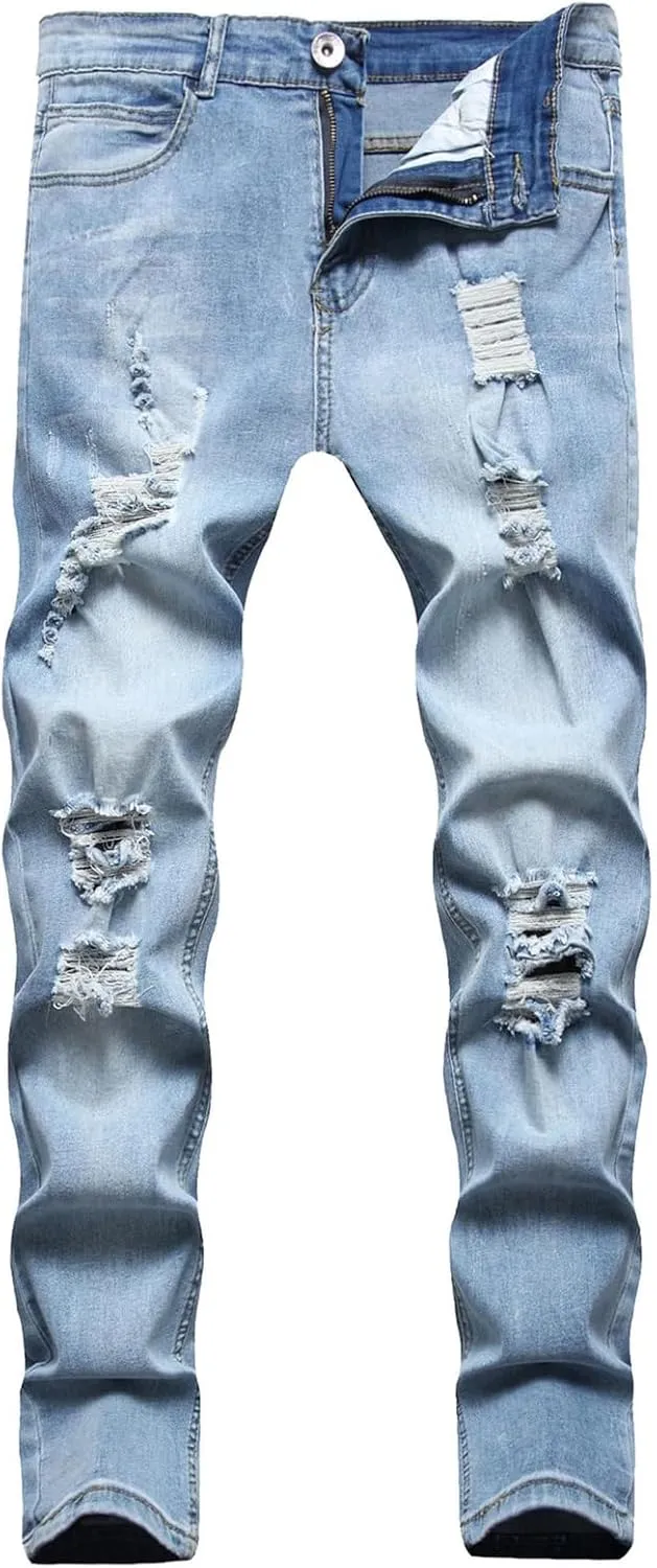 Men's Jeans Slim Fit, Jeans Stretch Destroyed Ripped Skinny Jeans, Blue Jeans Men Relaxed Fit