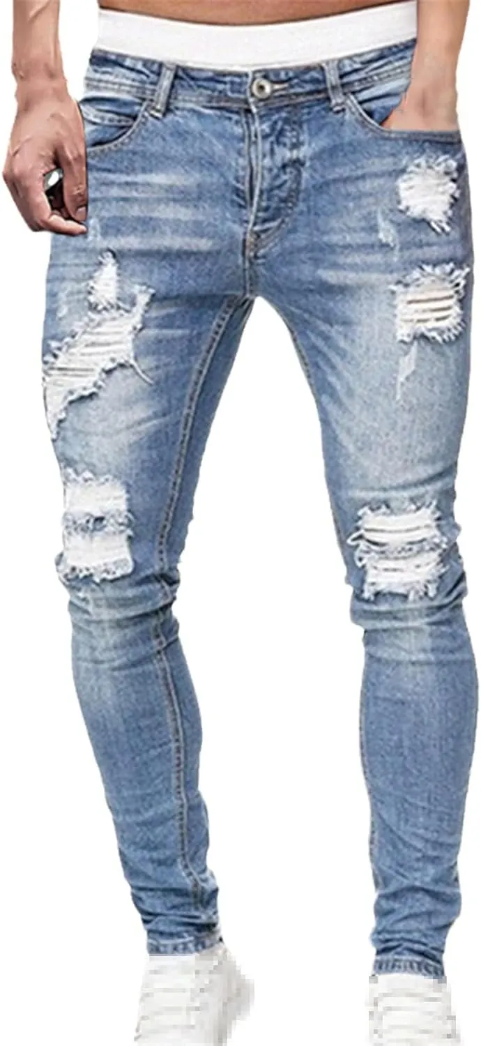 Men's Jeans Slim Fit, Jeans Stretch Destroyed Ripped Skinny Jeans, Blue Jeans Men Relaxed Fit