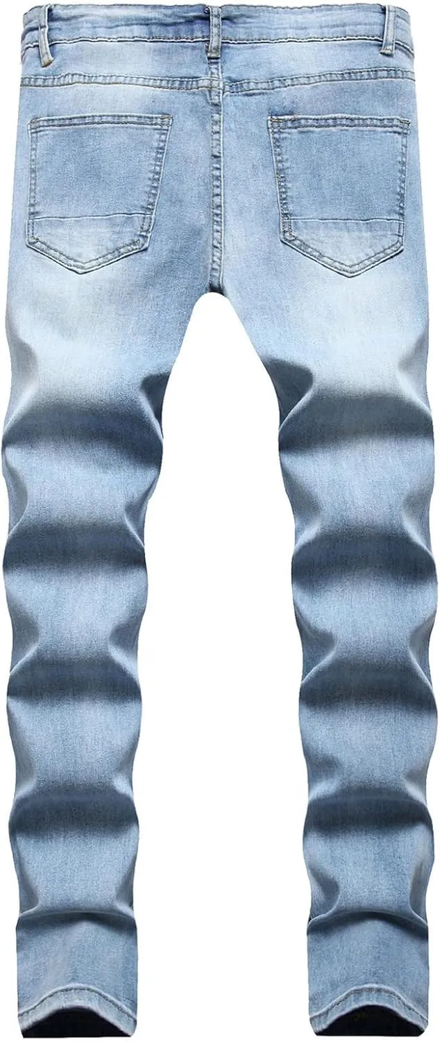 Men's Jeans Slim Fit, Jeans Stretch Destroyed Ripped Skinny Jeans, Blue Jeans Men Relaxed Fit