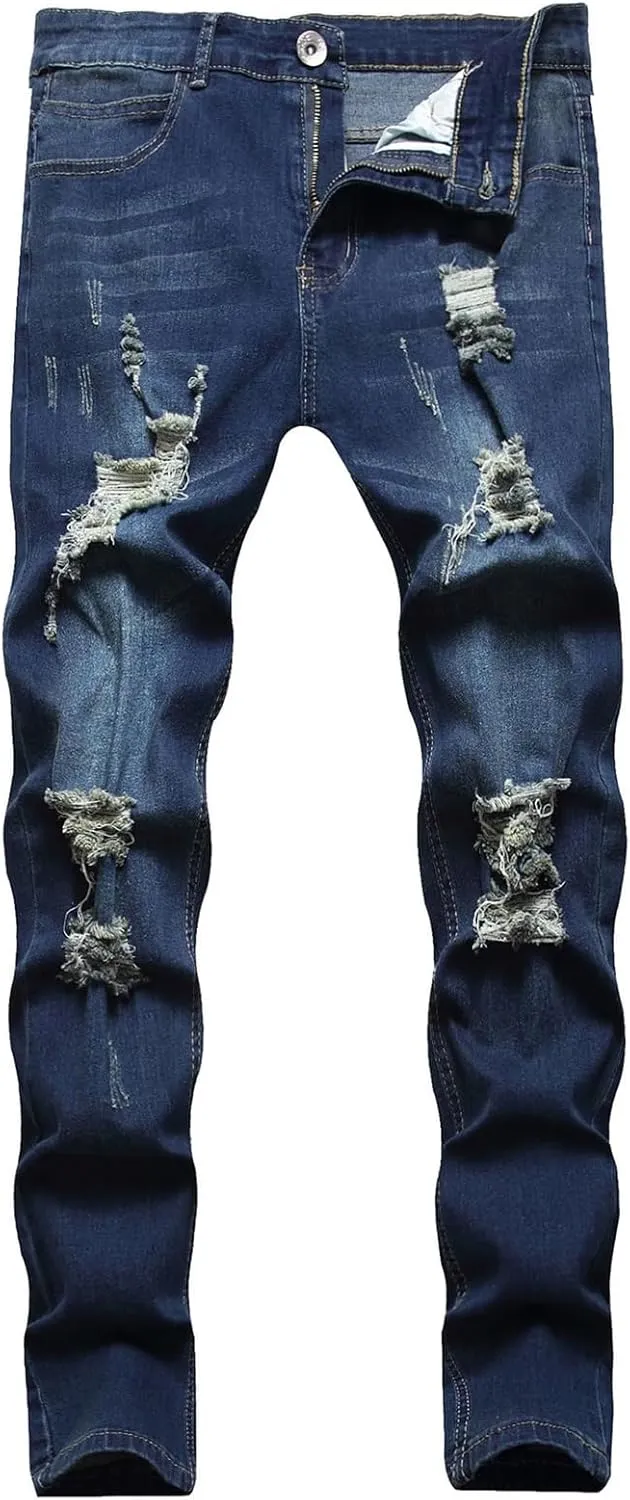 Men's Jeans Slim Fit, Jeans Stretch Destroyed Ripped Skinny Jeans, Blue Jeans Men Relaxed Fit