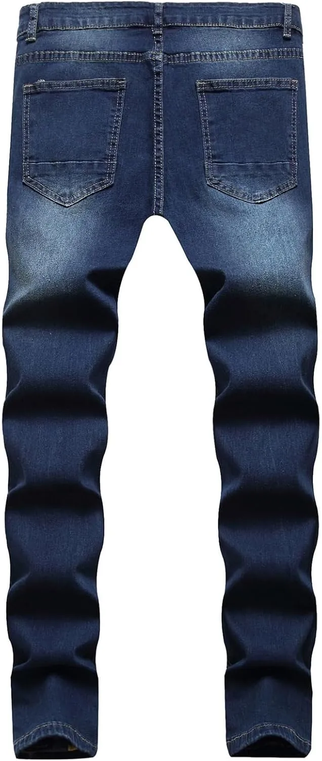 Men's Jeans Slim Fit, Jeans Stretch Destroyed Ripped Skinny Jeans, Blue Jeans Men Relaxed Fit