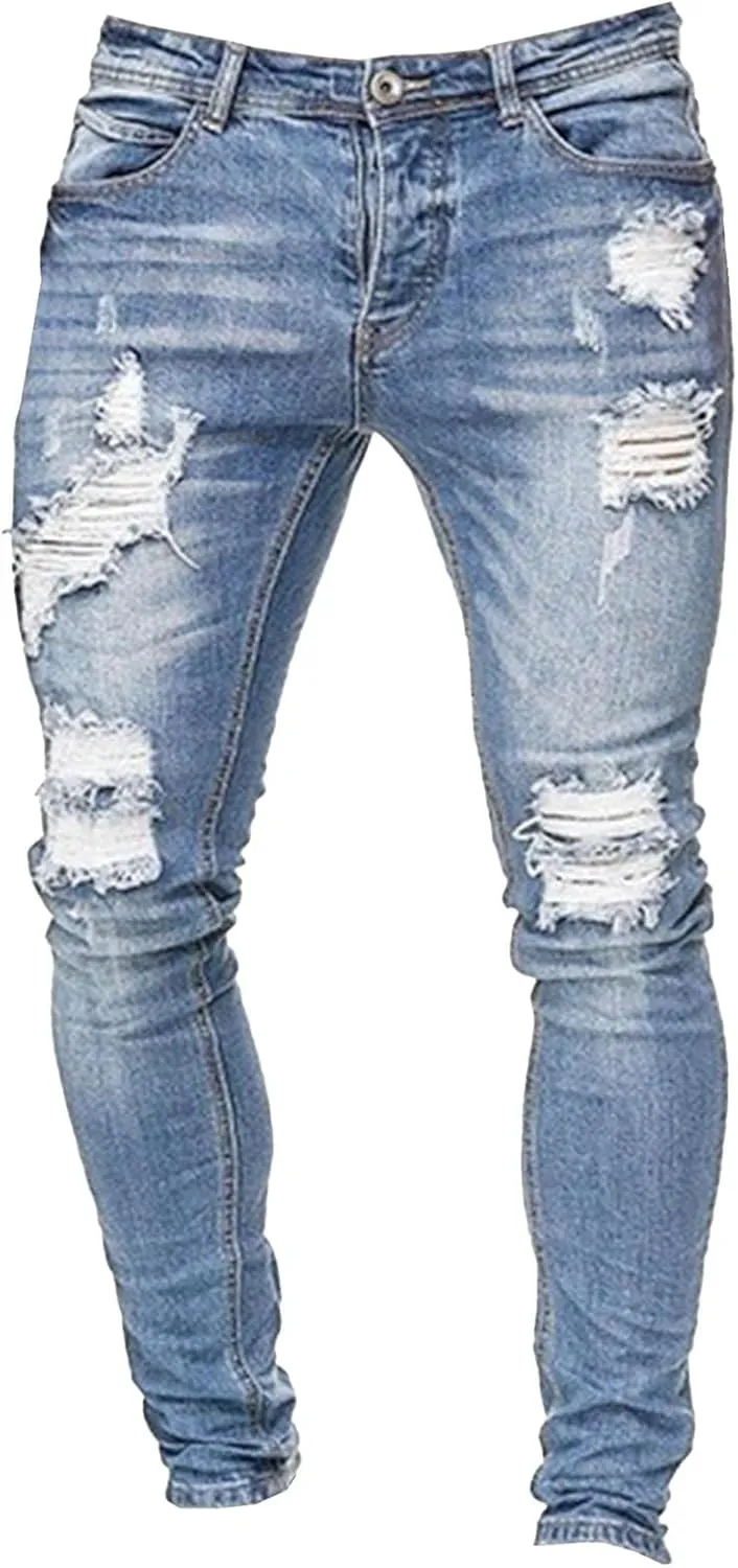 Men's Jeans Slim Fit, Jeans Stretch Destroyed Ripped Skinny Jeans, Blue Jeans Men Relaxed Fit
