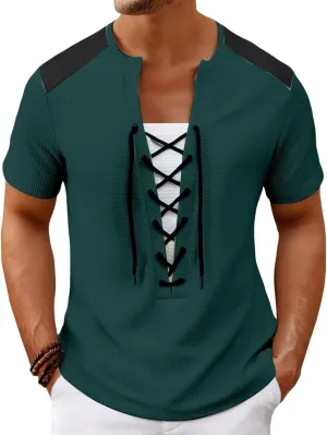 Mens Lace Up Renaissance Shirts Short Sleeve Color Block Viking Steampunk Pirate Shirt Retro Hippie Beach Tee Shirts