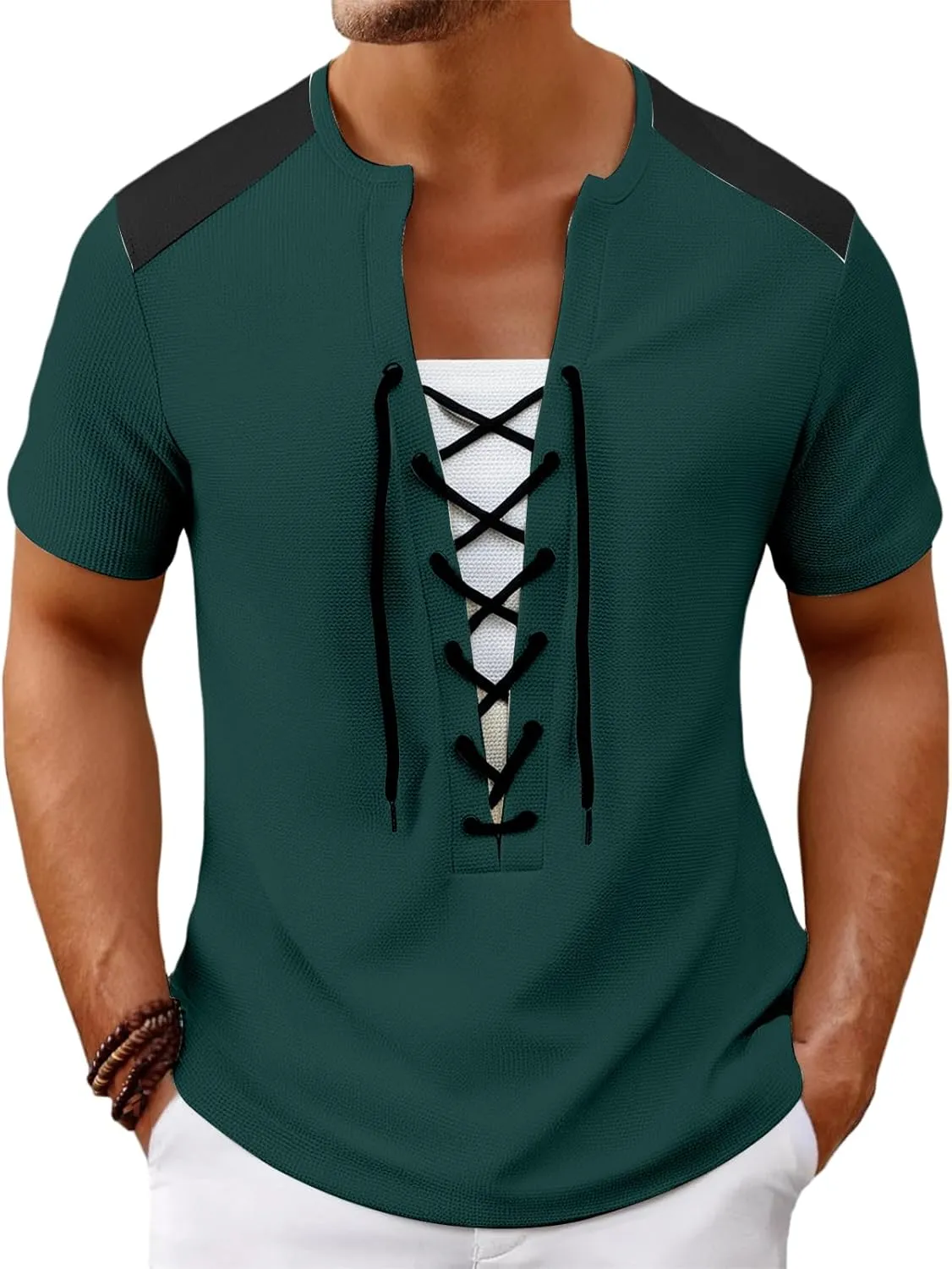 Mens Lace Up Renaissance Shirts Short Sleeve Color Block Viking Steampunk Pirate Shirt Retro Hippie Beach Tee Shirts