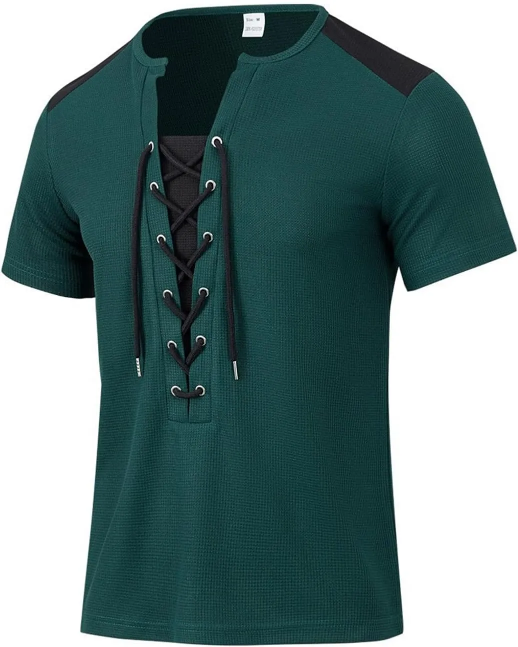 Mens Lace Up Renaissance Shirts Short Sleeve Color Block Viking Steampunk Pirate Shirt Retro Hippie Beach Tee Shirts
