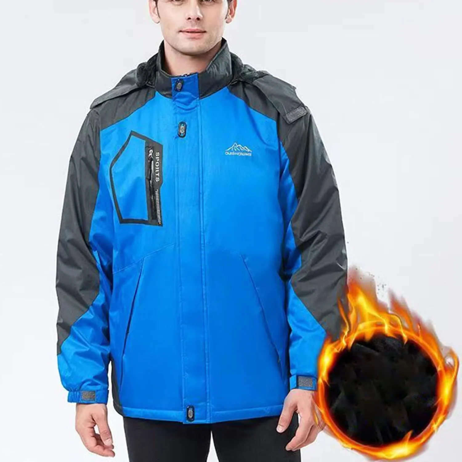 Men's Lightweight Active Water Resistant Hooded Jacket Color Blocked Fleece Pocket Detachable Zipper Outdoor Jackets