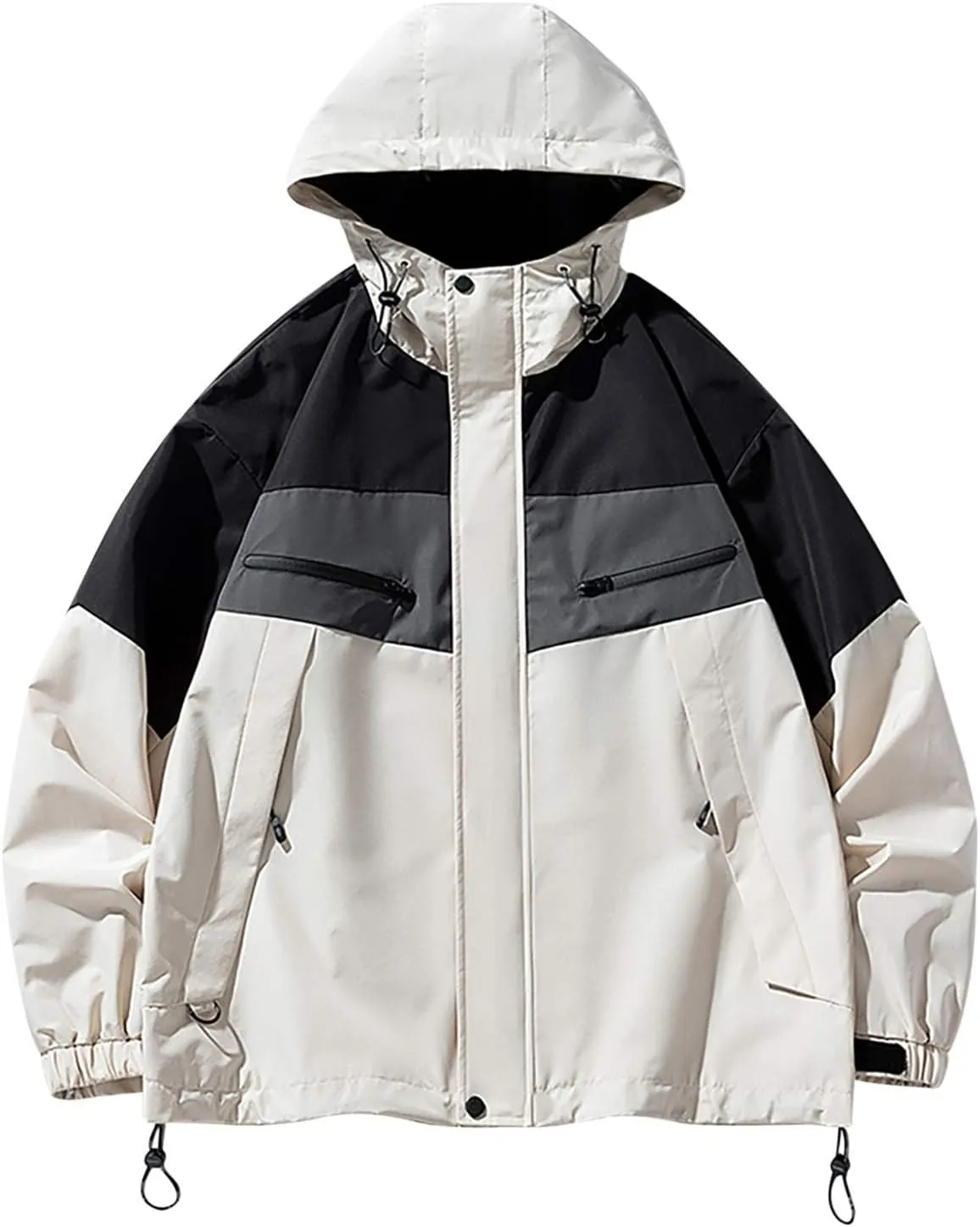 Men's Lightweight Active Water Resistant Hooded Rain Jacket Contrasting Colors Styles Zipper Long-Sleeved Windproof Coat