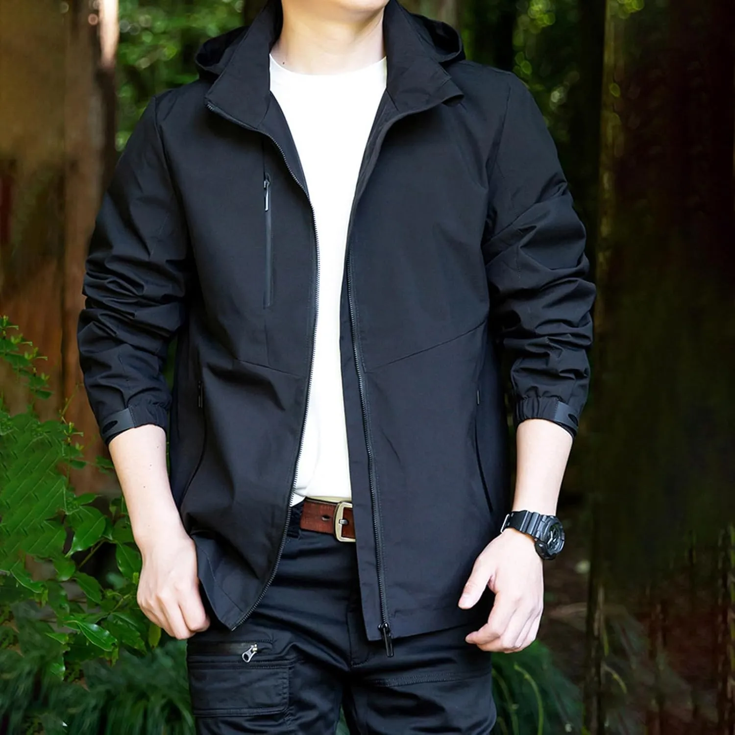 Mens Lightweight Outdoor Track Jackets Full-Zip Waterproof Rain Jacket Raincoat With Hood For Hiking Running Travel