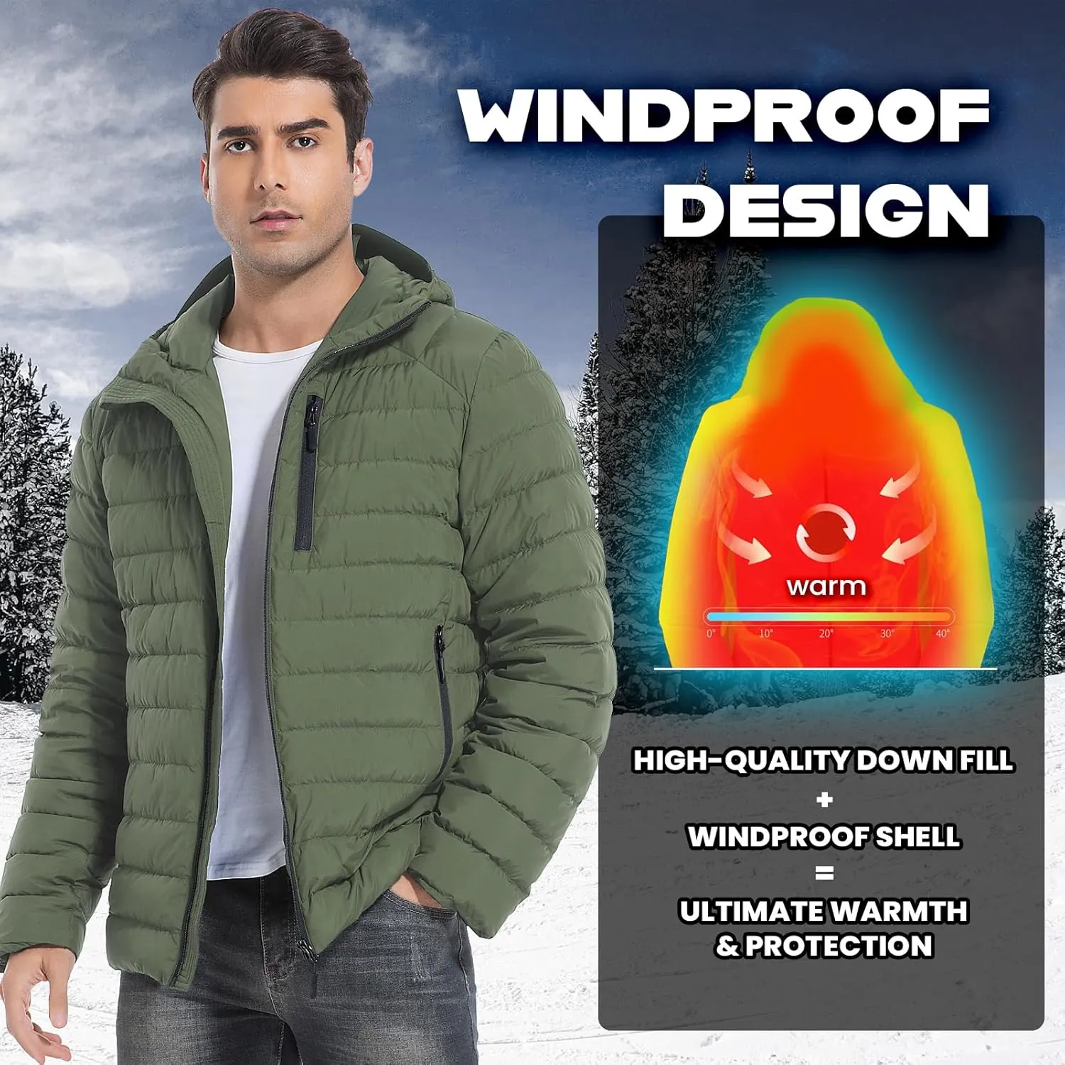 Men's Lightweight Packable Down Jacket Water-Resistant Winter Puffer Jackets with Hood