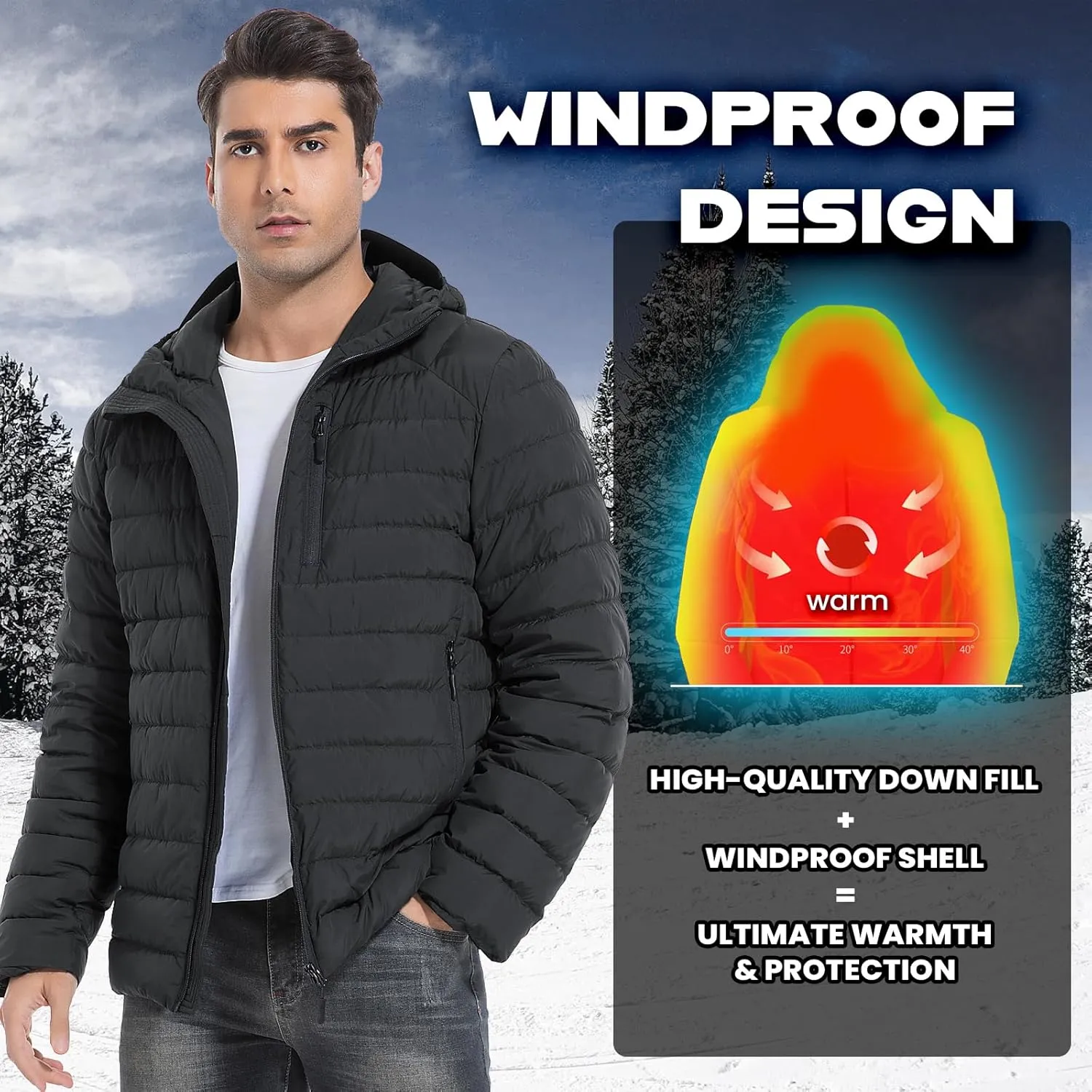 Men's Lightweight Packable Down Jacket Water-Resistant Winter Puffer Jackets with Hood