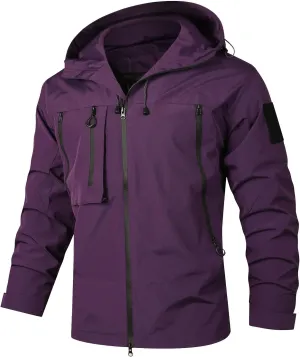 Men's Lightweight Softshell Jacket Solid Hooded Water Resistant Winter Hiking Windbreaker Jackets With Zip Pockets