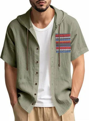 Men's Linen Hooded Short Sleeve Shirts Cardigan Short Sleeve Boho Style T-Shirts Summer Beach Vacation Yoga Tops