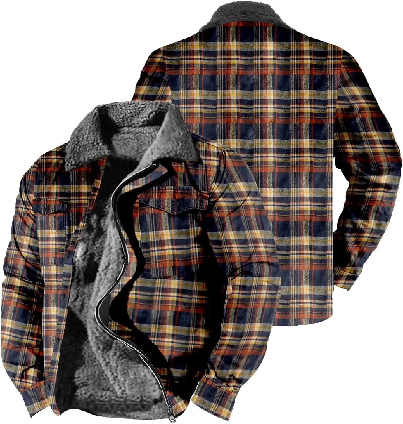 Mens Long Sleeve Sherpa Lined Plaid Flannel Shirt Jacket Hoodies Fleece Coat Fall Winter Windproof Warm Jackets