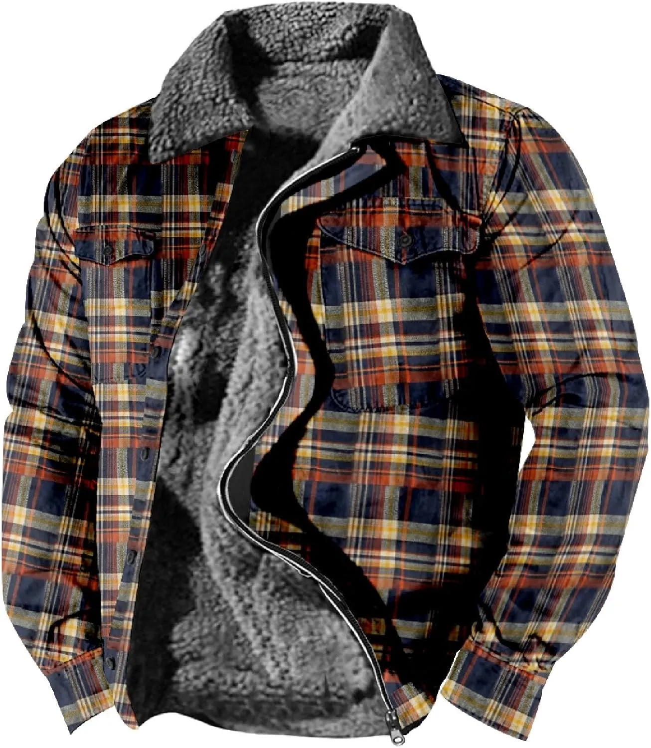 Mens Long Sleeve Sherpa Lined Plaid Flannel Shirt Jacket Hoodies Fleece Coat Fall Winter Windproof Warm Jackets