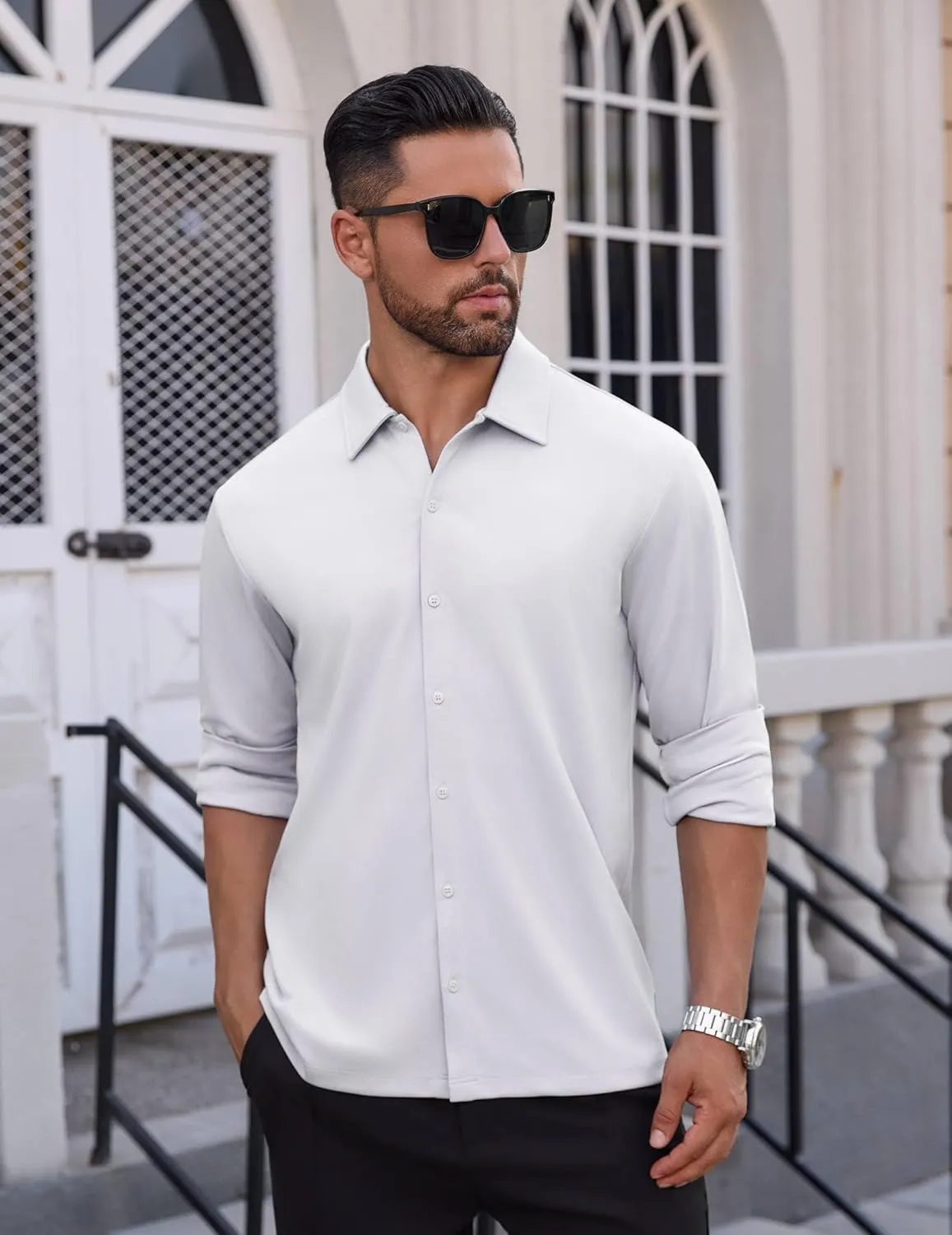 Men's Long Sleeve Wrinkle Free Shirts Casual Button Down Untucked Stretch Dress Shirt
