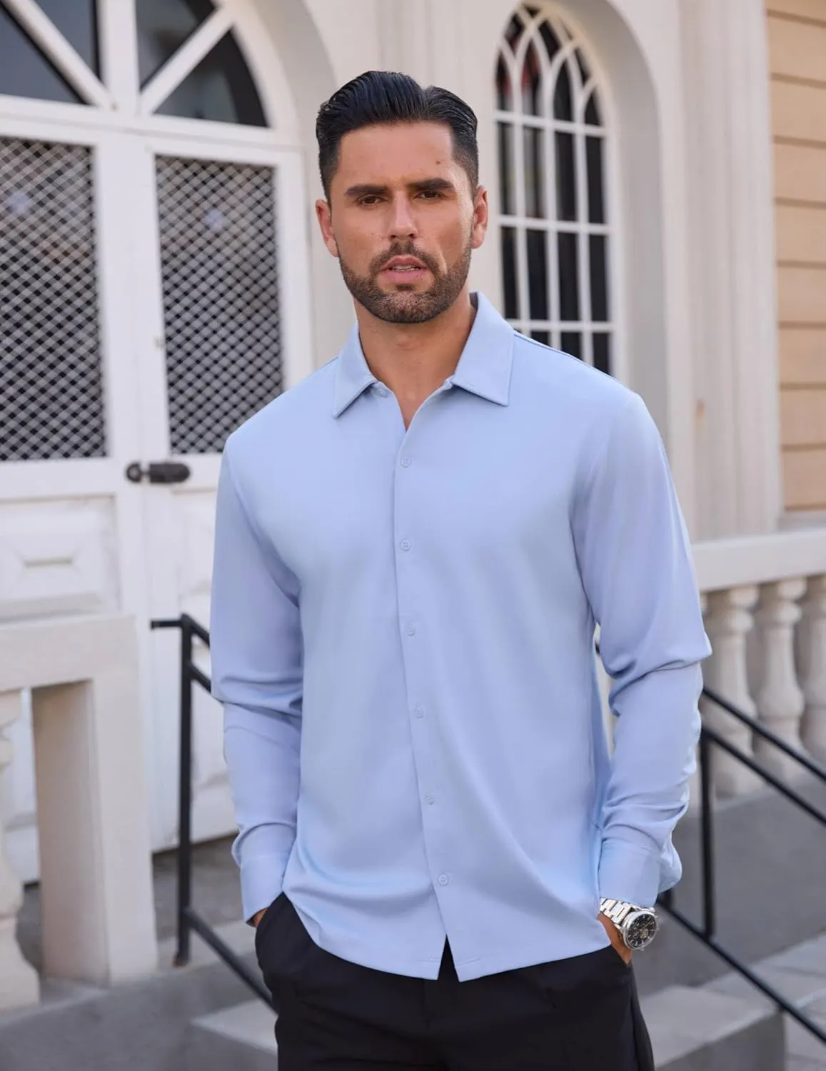 Men's Long Sleeve Wrinkle Free Shirts Casual Button Down Untucked Stretch Dress Shirt