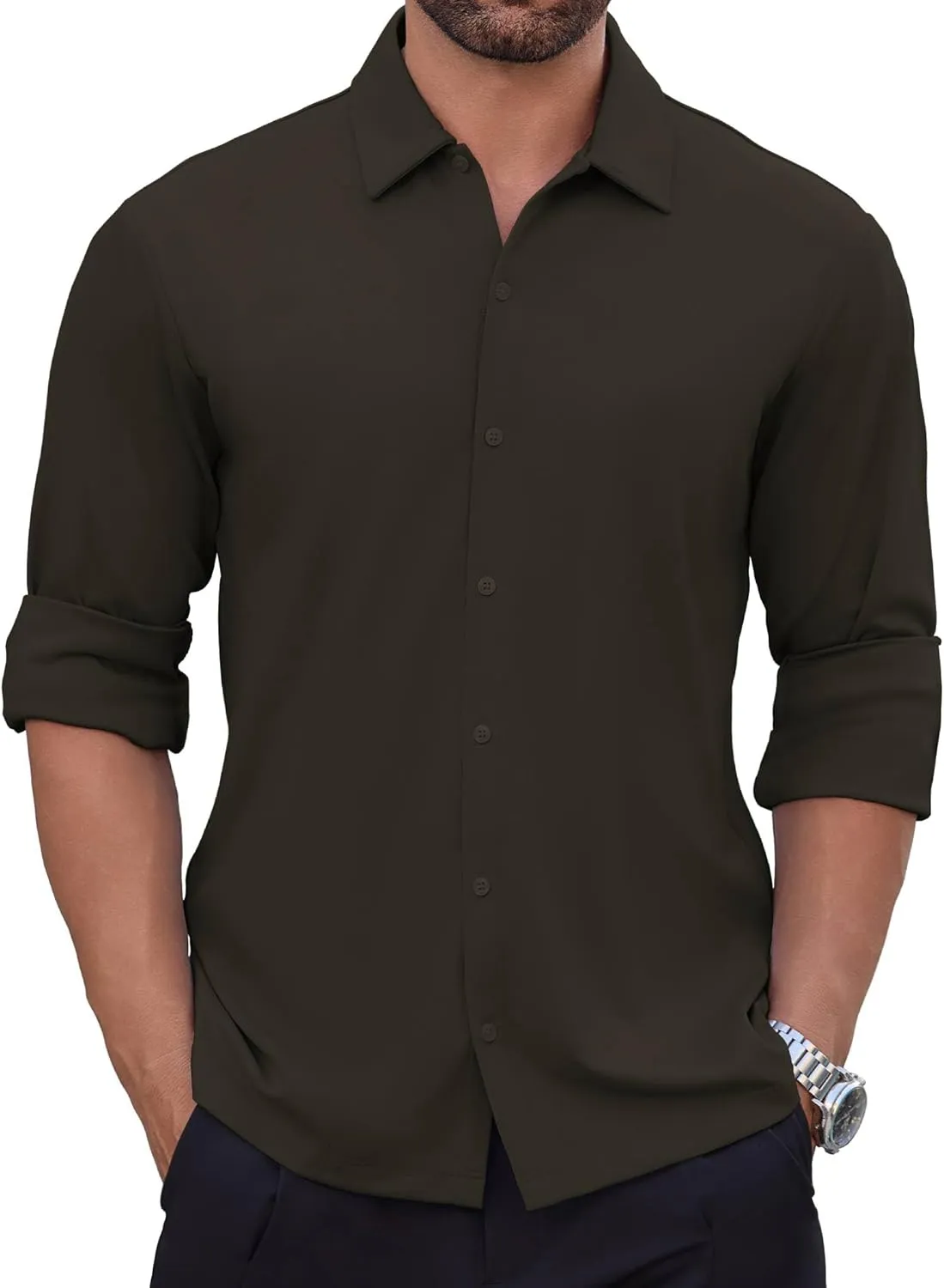 Men's Long Sleeve Wrinkle Free Shirts Casual Button Down Untucked Stretch Dress Shirt