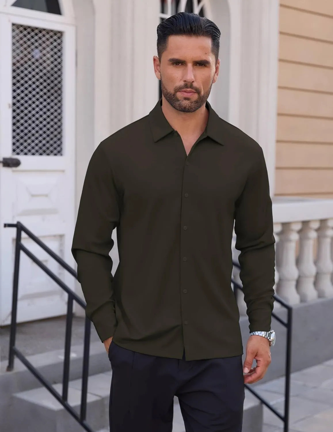 Men's Long Sleeve Wrinkle Free Shirts Casual Button Down Untucked Stretch Dress Shirt