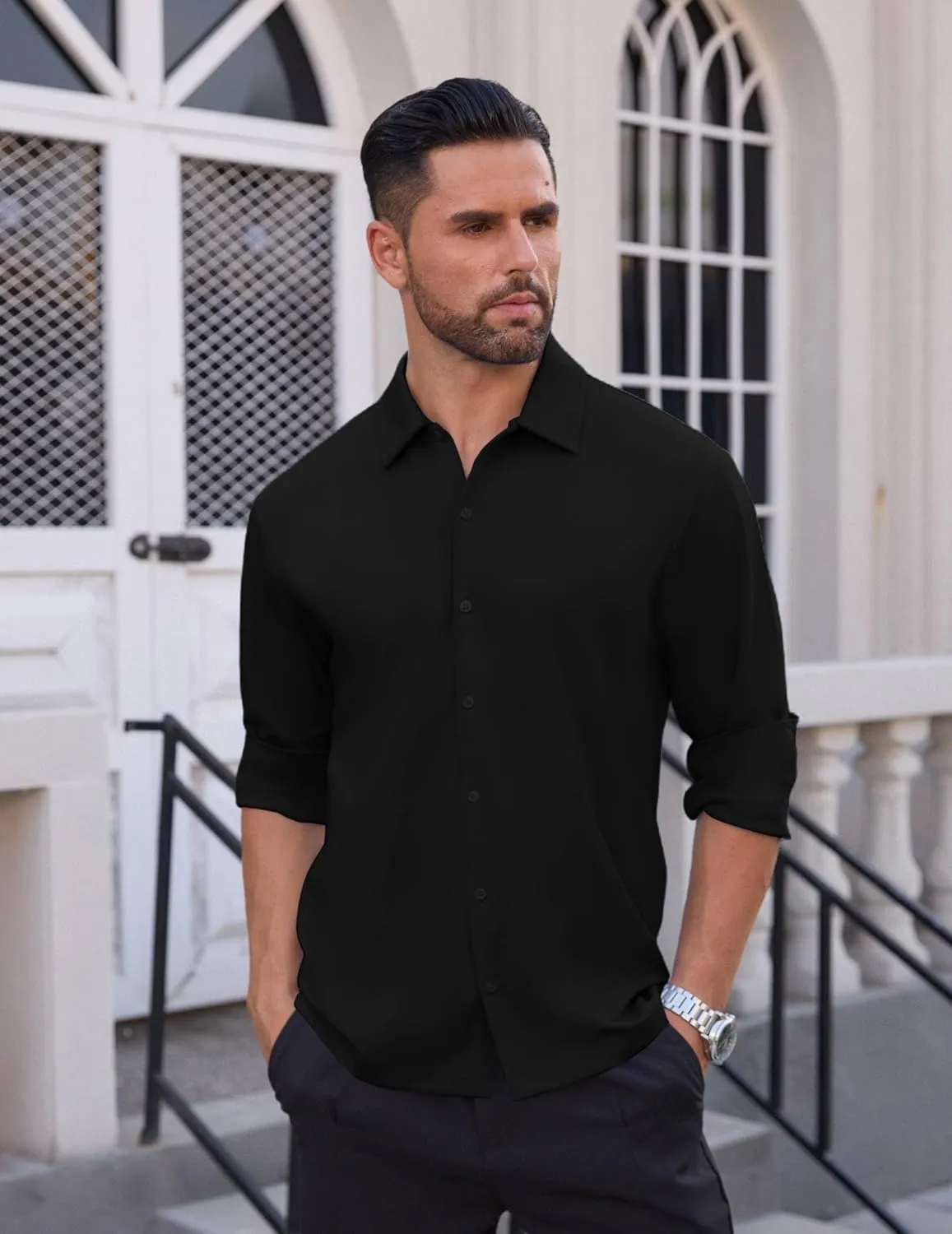 Men's Long Sleeve Wrinkle Free Shirts Casual Button Down Untucked Stretch Dress Shirt