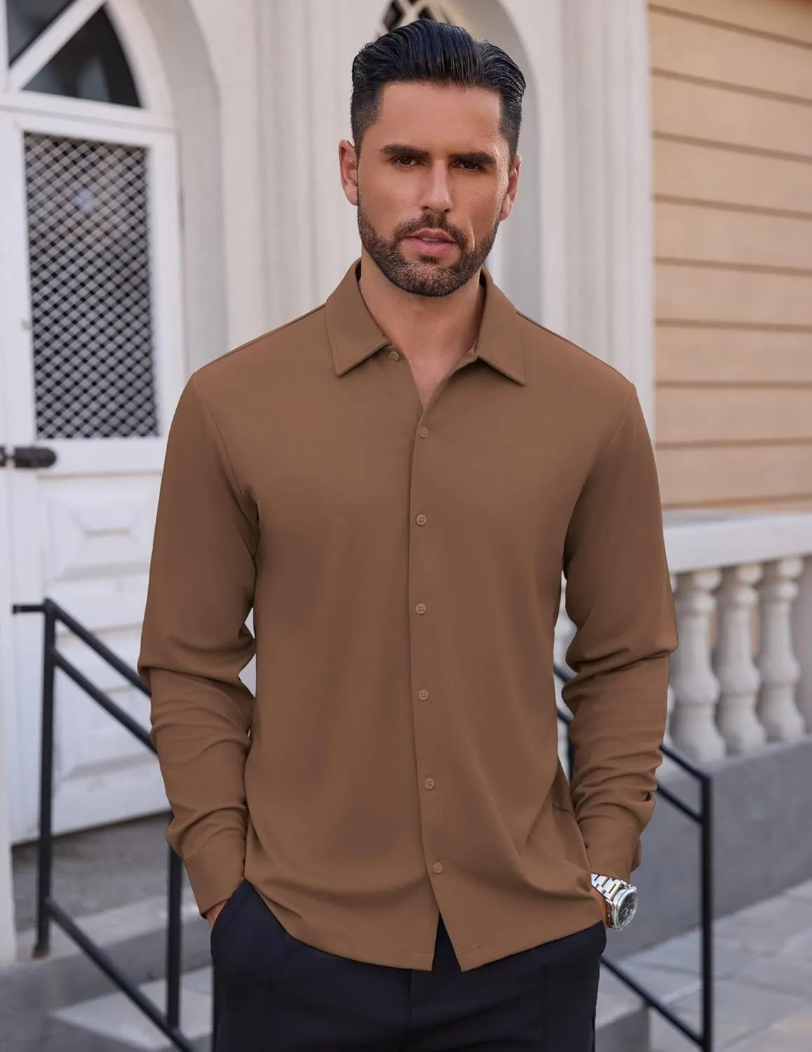 Men's Long Sleeve Wrinkle Free Shirts Casual Button Down Untucked Stretch Dress Shirt