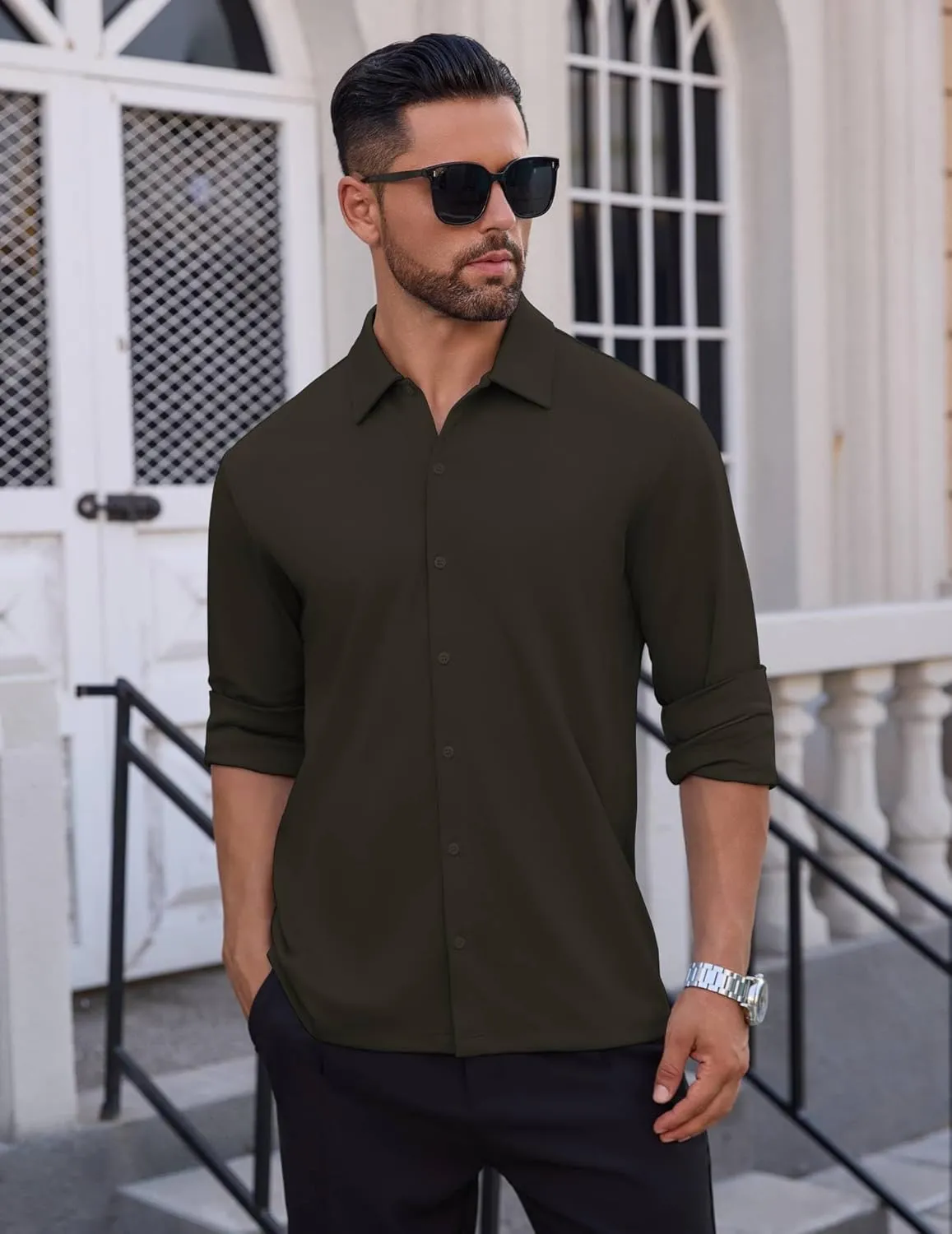 Men's Long Sleeve Wrinkle Free Shirts Casual Button Down Untucked Stretch Dress Shirt