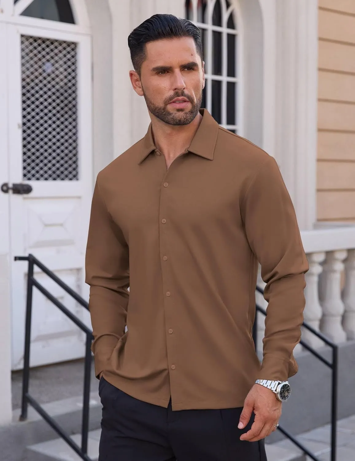 Men's Long Sleeve Wrinkle Free Shirts Casual Button Down Untucked Stretch Dress Shirt