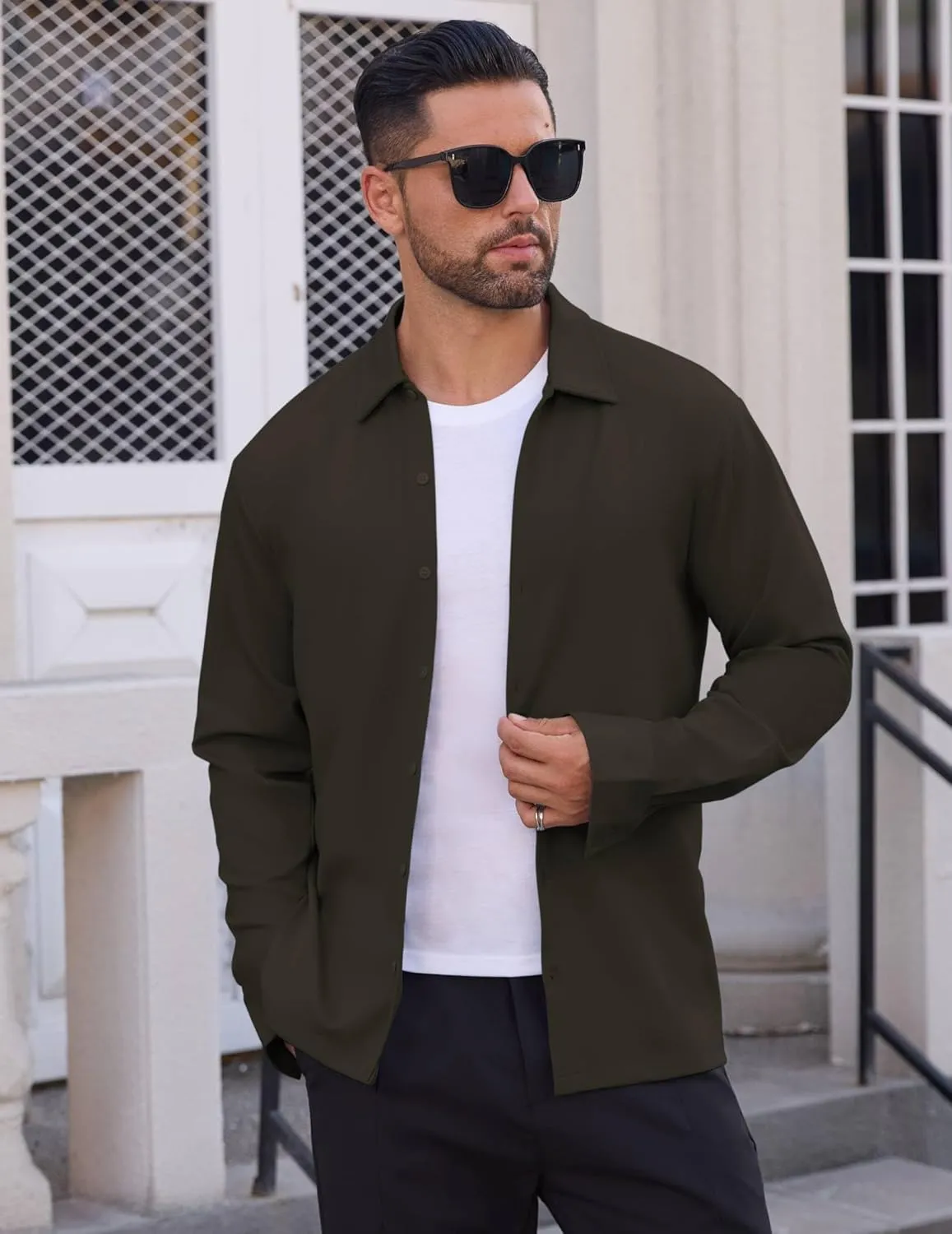 Men's Long Sleeve Wrinkle Free Shirts Casual Button Down Untucked Stretch Dress Shirt