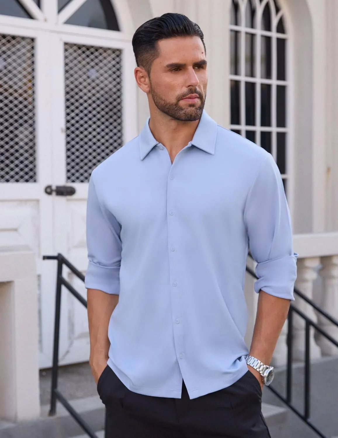 Men's Long Sleeve Wrinkle Free Shirts Casual Button Down Untucked Stretch Dress Shirt