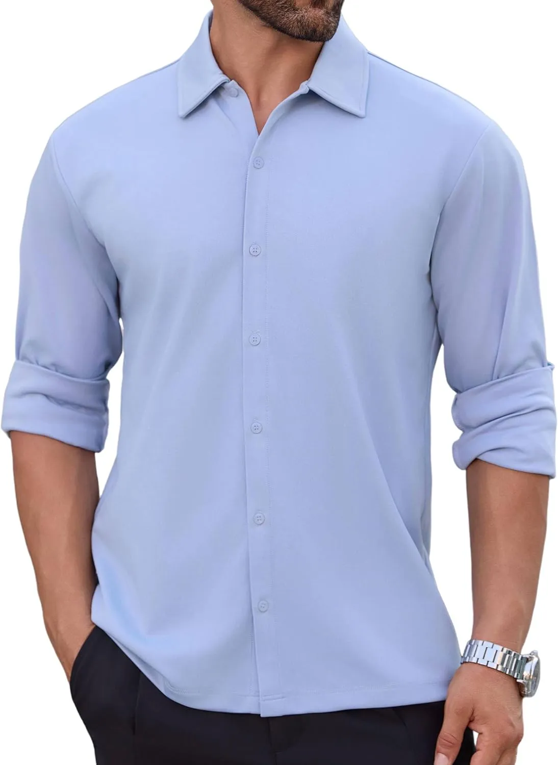 Men's Long Sleeve Wrinkle Free Shirts Casual Button Down Untucked Stretch Dress Shirt